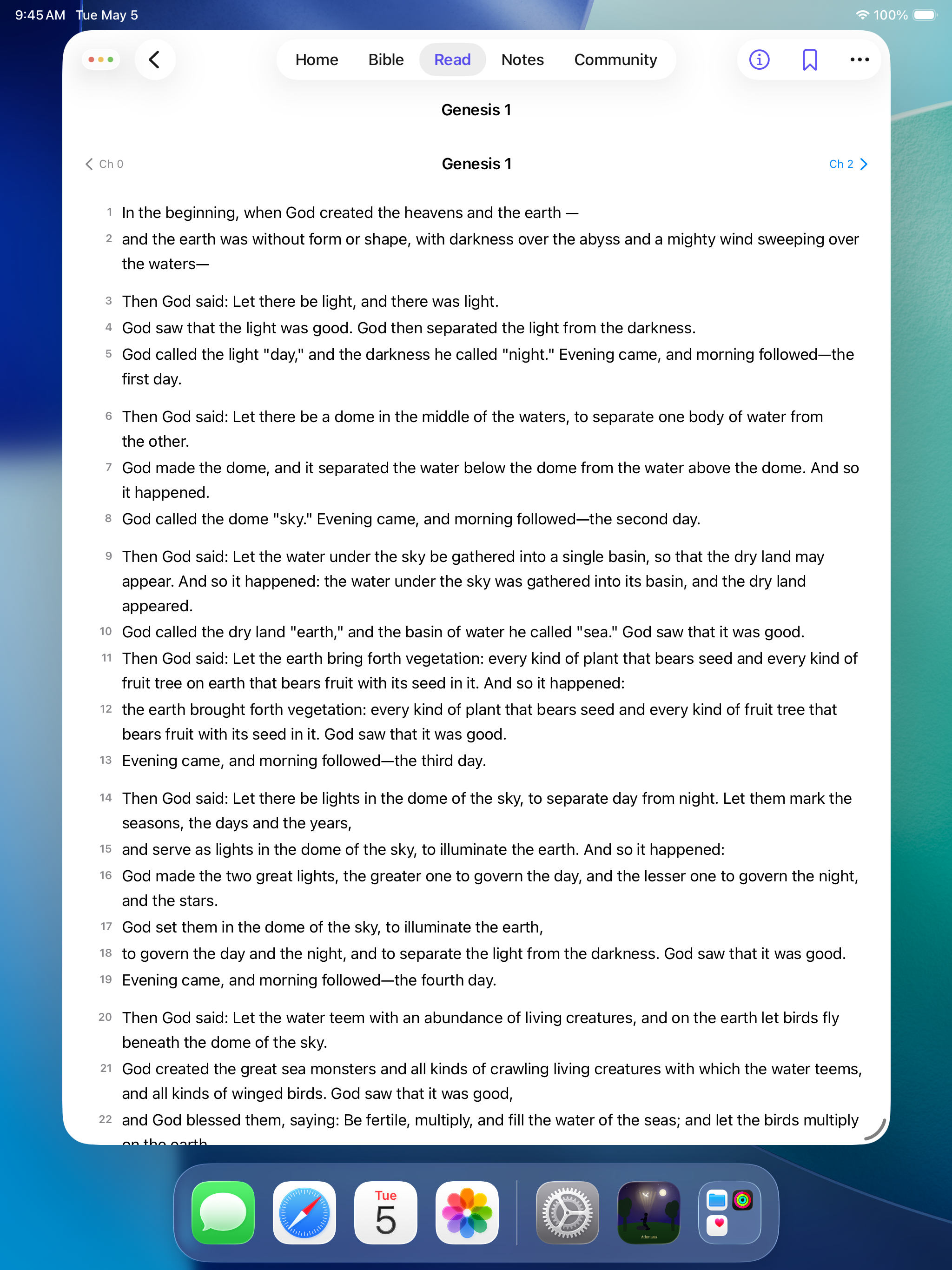 Athmana reading Genesis 1 on iPad with full numbered verse text